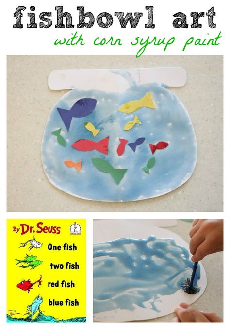 Fishbowl Craft inspired by "One Fish Two Fish Red Fish Blue Fish" by Dr. Seuss (with corn syrup paint) -- Courtesy of I Can Teach My Child Fishbowl Craft, Dr Seuss Preschool Activities, Handwriting Improvement, Dr Seuss Preschool, Dr Seuss Classroom, Dr Seuss Activities, Dr Seuss Crafts, Fish Activities, Seuss Classroom