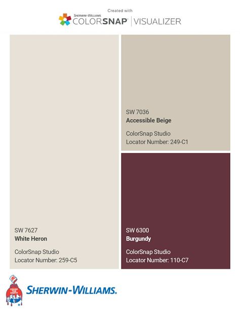 I just created this color palette with the Sherwin-Williams ColorSnap® Visualizer app on my Android phone. What do you think? You can learn more about ColorSnap Visualizer and get it on your phone free by visiting http://getcolorsnap.com. Burgundy Interior Design Colour Palettes, Burgundy Colour Combinations, Burgundy Interior Design, Bordeaux Kitchen, Burgundy Color Combinations, Bedroom Burgundy, Maroon Kitchen, Burgundy Paint Colors, Color Palette Burgundy