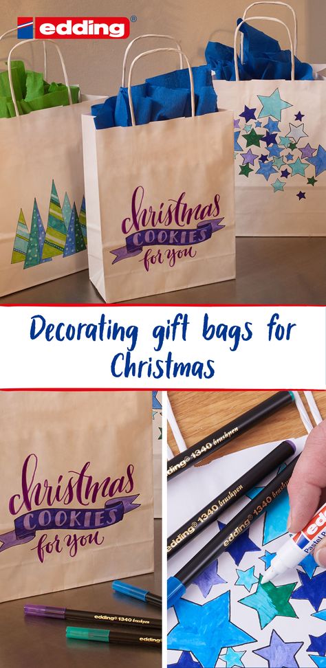 White Gift Bags Decorating, Painted Christmas Gift Bags, Paper Bag Decoration, Painted Christmas Gifts, Christmas Gift Packaging, Decorated Gift Bags, Decorated Bags, Xmas Baubles, Diy Christmas Tree Ornaments