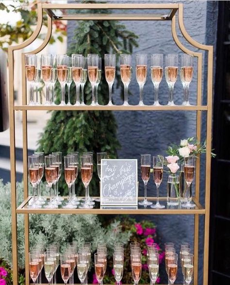 Champagne wall - sip + be seated Backyard Wedding Reception, Gold Shelf, Drink Stations, Backyard Wedding Ceremony, Wedding Backyard Reception, Wedding Backyard, Reception Tables, Ideas Backyard, Wedding Reception Tables