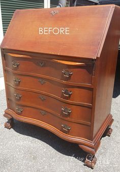 Secretary Desk Makeover (Chalk Paint® by Annie Sloan) - BEFORE - #MadeItMyOwn #sp #chalkpaint artsychicksrule Repurpose Secretary Desk Ideas, French Country Secretary Desk, Antique Secretary Desks Makeover, Secretary Desk Upcycle, Ethan Allen Desk Makeover, Refinished Antique Secretary Desk, Queen Anne Desk Makeover, Diy Secretary Desk Makeover, Painted Secretary Desks Ideas Colors