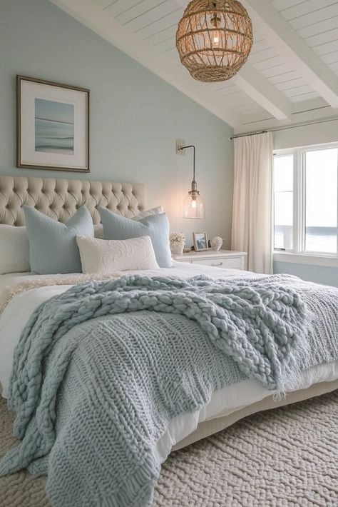 Blue And Cream Bedroom, Seaside Bedroom, Beach Inspired Bedroom, Costal Bedroom, Coastal Room, Inspired Bedroom, Tranquil Retreat, Beautiful Houses Interior, Serene Bedroom