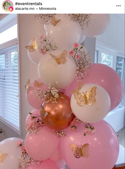 Quince Themes Butterflies, 18th Birthday Party Ideas Butterfly Theme, Butterfly And Flower Themed Birthday Party, Gold Butterfly Party Decor, Balloons With Butterflies, Butterfly 15 Theme Pink, Pink Butterfly Party Decorations, Butterfly Shower Decorations, 21st Birthday Butterfly Theme