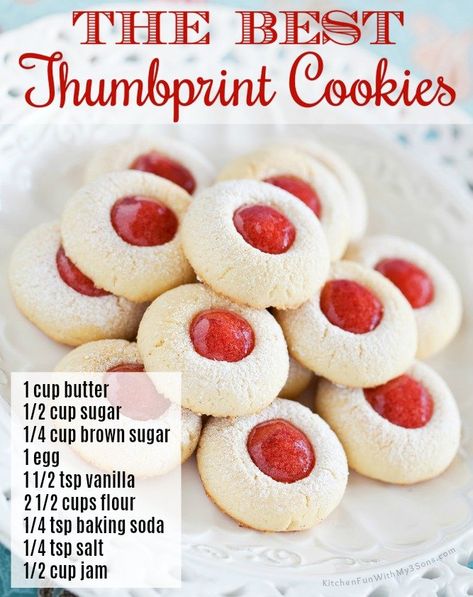 Best Thumbprint Cookies, Jam Thumbprint Cookies, Christmas Cookie Recipes Holiday, Yummy Sugar Cookies, Thumbprint Cookies Recipe, Thumb Print, Christmas Baking Recipes, Jam Cookies, Favorite Cookie Recipe