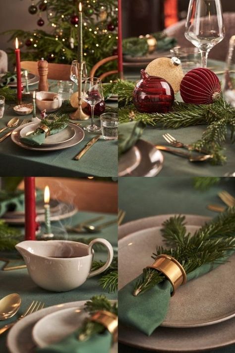 Christmas Table Photography, Christmas Table Round Decorations, Green Gold Christmas Table, Dinner Christmas Table, Christmas Table For Two, Sage Green Christmas Table, Green Table Cloth Christmas, Christmas Dinner Set Up, Christmas Decoration Table Ideas