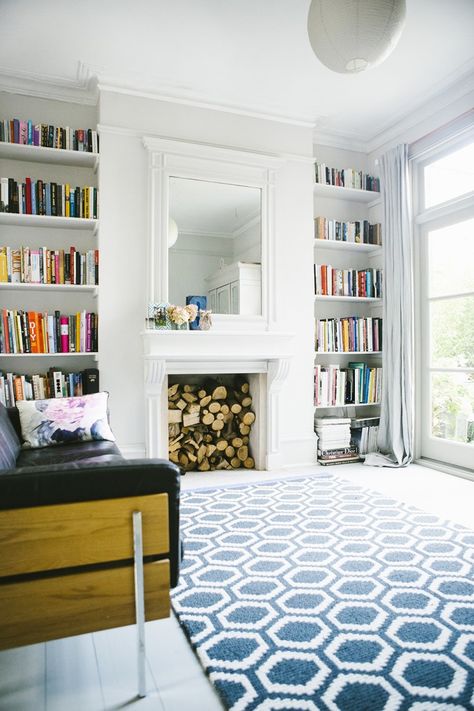 Bookshelves in alcoves on either side of fireplace in living room of Victorian house renovation by Imperfect Interiors Victorian House Renovation, Victorian Living Room, Decorating Advice, Room Shelves, Living Room Remodel, Room Remodeling, Remodel Bedroom, Living Room With Fireplace, A Living Room