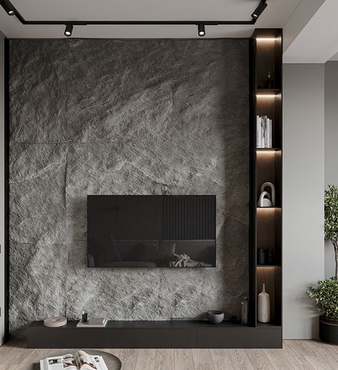 Tv Slate Wall, Tv Stone Wall Design, Rock Wall Tv Living Rooms, Tv Unit With Stone Wall, Stone Wall Tv, Tv Stone Wall, Tv Wall Stone Design, Tv Wall Stone, Stone Tv Wall Ideas Living Room