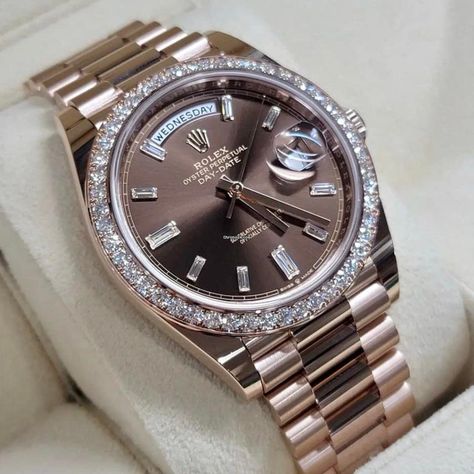 Rolex Day-Date 40 Listing: $64,999 Rolex NEW 2024 Day-Date 40 Chocolate Baguette Factory Diamond..., Reference number 228345RBR; Rose gold; Automatic; Condition New; Year 2024; Watch with original Rolex Watches Women Aesthetic, Rolex Day Date Rose Gold, Expensive Gifts For Him, Chocolate Baguette, Diamond Reference, Ap Watch, Luxurious Watch, Rolex Diamond, Gold Diamond Watches