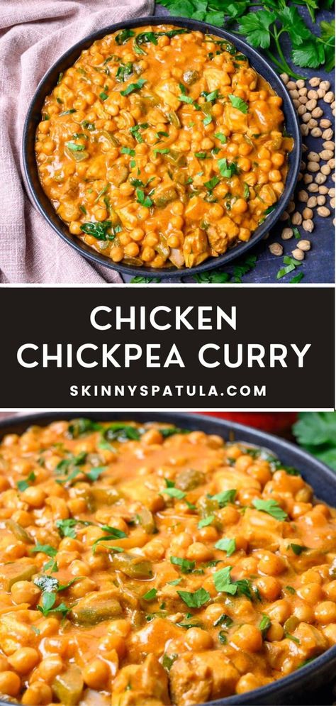 Chicken and Chickpea Curry – Skinny Spatula Chickpea And Chicken Curry, Curry Chicken Chickpeas, Healthy Chickpea Curry, Chicken Chickpea Soup, Chickpea And Chicken Recipes, Chicken And Chickpea Recipes, Chicken Chickpea Curry, Chicken And Chickpea Curry, Chicken With Chickpeas