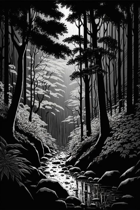 The Art Gallery on Tumblr Landscape Woodcut, Black Canvas Art, Woodcut Art, Scratchboard Art, Illustration Simple, Forest Illustration, Black And White Landscape, Background Drawing, Forest Painting