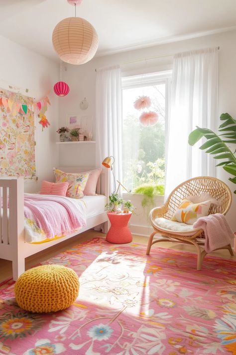 37 Easy Ideas To Decorate A Little Girls Bedroom On A Budget Four Year Old Bedroom, Girls Bedroom Ideas 5 Yo, Pink Yellow Interior, Big Girls Bedroom Ideas, Girls Tropical Bedroom, Very Small Kids Bedroom Ideas, Elementary Girl Bedroom, Girls Colorful Bedroom Ideas, Five Year Old Girl Bedroom