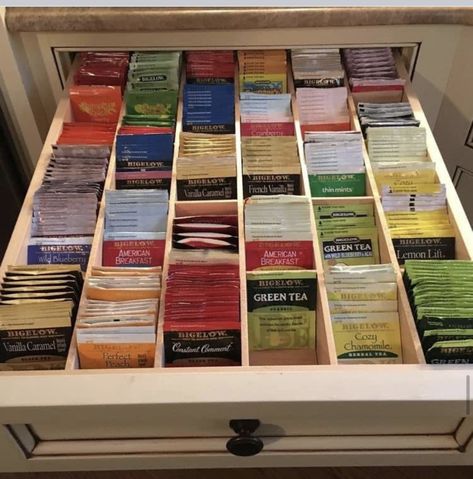 Tea Drawer, Bigelow Tea, Tea Organization, Tea Cabinet, Desain Pantry, House Organisation, Kitchen Organization Pantry, Kitchen Organisation, Tea Bar