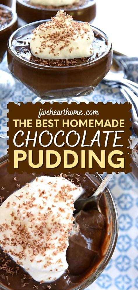 Once you try this quick and easy pudding recipe, you'll be saying goodbye to store-bought! Smooth and silky, rich and creamy, this Homemade Chocolate Pudding is the BEST. Serve it as one of your Thanksgiving desserts! Best Pudding Recipe, Home Made Pudding, Pudding Recipes Homemade, Chocolate Pudding Desserts, Homemade Vanilla Pudding, Chocolate Pudding Recipe, Perfect Christmas Dessert, Salty Recipes, Homemade Chocolate Pudding