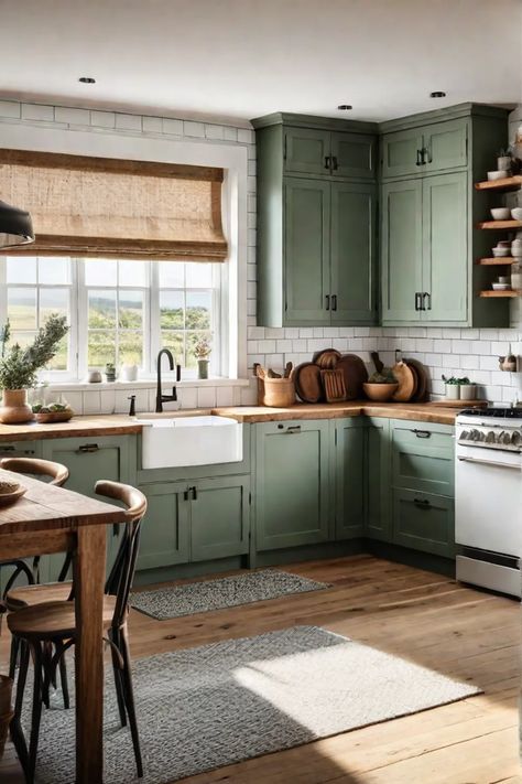 Sage green farmhouse kitchen Cute Farmhouse Kitchen Ideas, Green Kitchen With Cream Cabinets, Sage Kitchen Aesthetic, Kitchen Remodel With Green Cabinets, Diy Green Kitchen, Sage Green Rustic Kitchen, Sage Cottage Kitchen, Dusty Green Kitchen Cabinets, Save Green Kitchen Cabinets