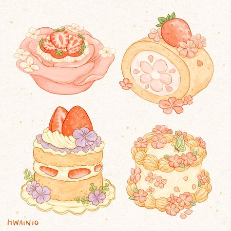 Digital Art Inspiration, Desserts Drawing, Dessert Illustration, Cake Drawing, Foodie Art, Food Illustration Art, Cute Food Drawings, Cute Food Art, Kawaii Food