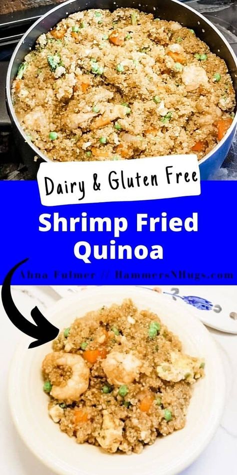 With whole proteins and a rainbow of vegetables soaked in a sweet maple soy sauce, this Shrimp Fried Quinoa recipe is a meal unto itself. Tap on this pin to get this recipe and more with Ahna Fulmer // HammersNHugs.com. #quinoa #easyrecipe #dinnerrecipe Fried Quinoa, Dairy Free Lunch, Dairy Free Salads, Recipes With Soy Sauce, Dairy Free Recipes Dessert, Quinoa Recipe, Dairy Free Snacks, Dairy Free Breakfasts, Gluten Free Recipes Bread