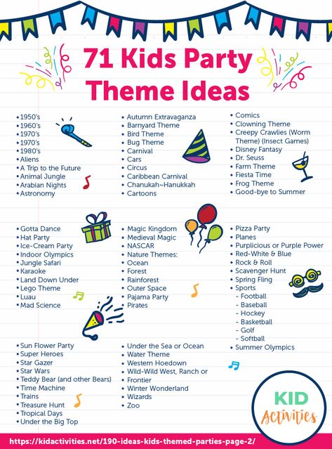 An infographic with 71 kids party theme ideas. #PartyThemes #Birthday #BirthdayPartyIdeas #KidsParties Kids Events Ideas, Gambling Art, Corkboard Ideas, Party Theme Ideas, Dresses Dinner, Digital Ideas, Weekend Ideas, Bday Party Theme, Birthday Activities