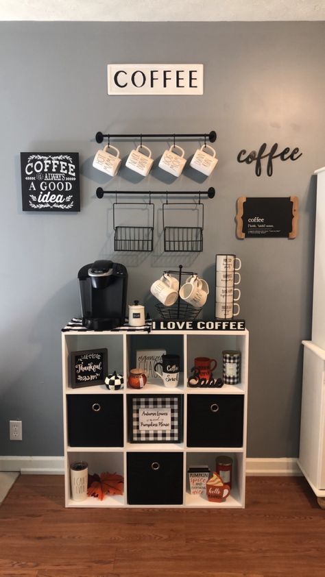 Coffee Bar With Cube Organizer, Coffee Bar Ideas Kitchen Counter, Coffee Bar Station, Coffee Area, Diy Coffee Bar, Coffee Bar Design, Coffee Room, Design Café, Home Coffee Stations