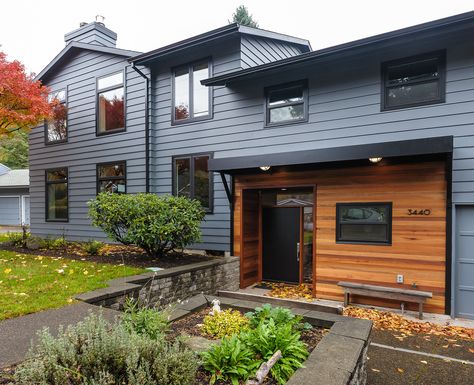 Slate blue exterior paint with black trim and a special design feature surrounding the front door- cedar shiplap! Blue Home Exterior, Blue Exterior House Colors, Dark Blue House Exterior, Blue House Exterior, Light Blue Houses, Dark Blue Houses, House Trim, Exterior House Color, Cabin Exterior