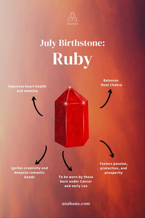 July birthstones, both traditional and alternative, offer a range of health benefits, from detoxification and heart health to stamina improvement and inflammation reduction. These stones are a remarkable testament to the belief that nature offers us beauty and a path to improved well-being. If you're born in July, you're bestowed with one of the most prestigious and esteemed precious stones as your birthstone - the Ruby. July Birth Stones, July Symbols, Ruby Properties, Ruby Benefits, Amazonite Meaning, Birth Stones, Gemstones Chart, Born In July, Zodiac Elements