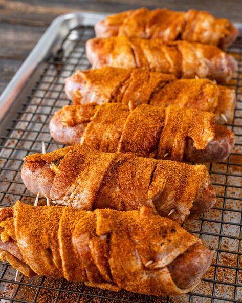 Bacon-Wrapped Sausage Popper Boats - Chiles and Smoke Sausage Boats, Creamy Pimento Cheese, Smoker Recipes Brisket, Pepper Boats, Bacon Wrapped Sausages, Grilled Carrots, Pulled Chicken Sandwiches, Avocado Deviled Eggs, Dry Rub Recipes