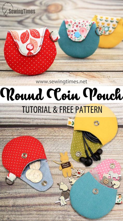 DIY Round Coin Pouch | Earphone Pouch Free Pattern & Sewing Tutorial [sewingtimes] Pochette Diy, Diy Coin Purse, Earphone Pouch, Coin Purse Pattern, Purse Sewing Patterns, Sac Diy, Sewing Machine Projects, Pouch Sewing, Diy Bags Patterns