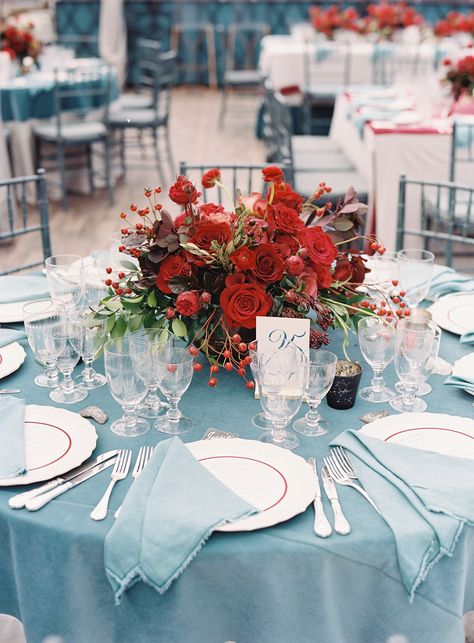 Beautiful wedding centerpiece idea using red, white and blue Light Blue Red Pink Wedding, July Wedding Decorations, July Wedding Colors, 4th Of July Wedding, Olive Green Weddings, Table Wear, Green Wedding Colors, July Wedding, Wedding Winter