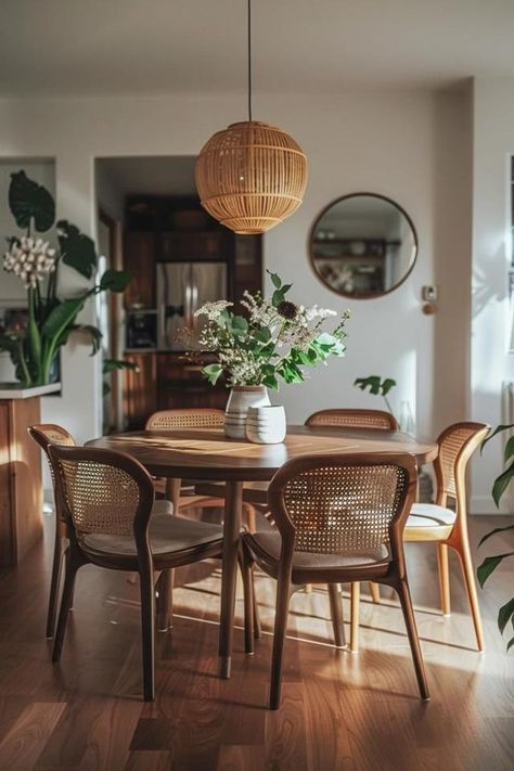 Inviting Dining Room Ideas with Dark Wood Floors Minimal Dining Room Ideas, Cherry Wood Room Decor, Decor For Cherry Wood Floors, Dark Wood Aesthetic House, Dark Wood Furniture Dining Room, Dining Room Natural Wood, Light Wood Furniture With Dark Floors, California Casual Interior Design Dining Room, Apartment Decor Dark Wood