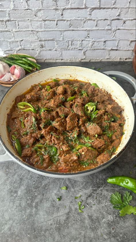 Ingredients; Meat(Mutton/lamb /beef): 2 kgs (Pressure cook 10 minutes for lamb / Mutton, 15 minutes for beef ) Onions: 3 medium Tomatoes: 8-9 medium sliced Ginger garlic crushed: 2 tbsp Water: 2 cups Salt: to taste Chilli powder: 1 tbsp Turmeric: 1 tsp Coriander powder: 1 tbsp Cumin powder: 1 tbsp Ghee: 1/2 cup Green chillies: 4-5 Coriander chopped handful Beef Karahi, Sliced Ginger, Bday Dinner, Meat Dish, Coriander Powder, Chilli Powder, Pressure Cooking, Meat Dishes, Ghee