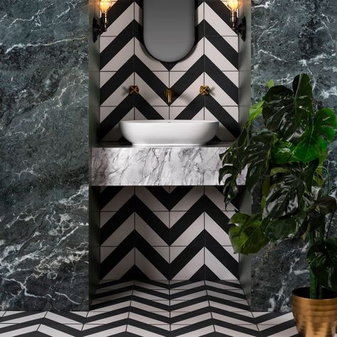 Black And White Tiles Bathroom, Monochrome Bathroom, Black And White Bathroom, White Wall Tiles, White Bathroom Tiles, Bad Inspiration, Washroom Design, Bathroom Paint Colors, Black And White Tiles