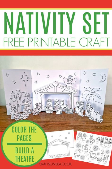 Grab this free printable nativity set and make a cute theatre set to play with. Just color, cut and stick to make this free nativity craft. Christmas Crafts For Kids Nativity, Nativity Set Diy Free Printable, Diy Nativity Set Craft Ideas, Manger Template Free Printable, Nativity Scene Pictures Free Printable, Nativity Crafts For Kids Free Printables, Nativity Silhouette Free Printable, Nativity Templates Free Printable, Nativity Free Printable