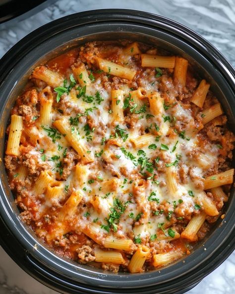 In our house, we call it 'Lazy Day Ziti.' It’s so good, no one would guess how effortless it is! Crockpot Ziti, Crock Pot Ziti, Slow Cooker Baked Ziti, Slow Cooker Kitchen, Slow Cooker Pasta Recipes, Crockpot Pasta Recipes, Crockpot Pasta, Slow Cooker Baking, Ground Beef Pasta