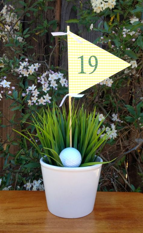 Golf Party Centerpiece #golf #centerpiece #19thhole Planning Sport, Golf Centerpieces, Golf Theme Party, Golf Flag, Golf Party Decorations, 19th Hole, Golf Birthday Party, Golf Decor, Design Club