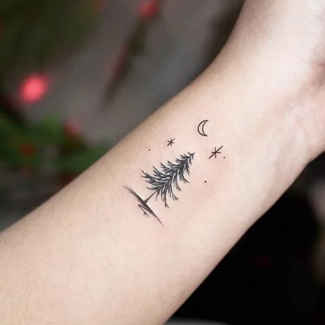 Forest Tattoo Small Simple, Pine Tree Wrist Tattoos For Women, Christmas Tree Tattoo Small Simple, Fur Tree Tattoo, Evergreen Tattoos For Women, Pine Tree Fine Line Tattoo, Nature Tattoos Small Simple, Evergreen State Tattoo, Pine Tree Tattoo Minimalist