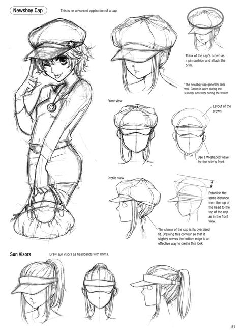 Newsboy cap and Sun visor Watercolour Anime, Drawing Hats, Cap Drawing, Anime Hats, Manga Tutorial, Manga Drawing Tutorials, 얼굴 그리기, Boy Drawing, Poses References