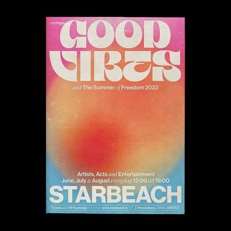 Monga D. on Instagram: "Poster created for @starbeach's Good Vibes, a daytime party in the Greek Islands. Keywords: Summer / Sun / Hot / Pool / Fun / House Music / Colorful / Chilled / Retro / Sexy Fonts. 🌞 Main type from: @jad.otf 🌞 Design: @mateusyuzo 🌞 Project management: @michelrefatti . . . #aplausofeature #certainmagazine #citysodaclub #collectgraphics #criacura #fkndesign #fruitsartclub #graffclub #graphicdesign #graphicindex #graphicjuice #graphicplanet #graphicsarchive #hypenostype Summer Vibes Poster, Words Poster Design, Concert Poster Graphic Design, Summer Concert Poster, Sunset Poster Design, House Music Poster Design, Summer Party Vibes, Gradient Design Poster, Summer Event Poster