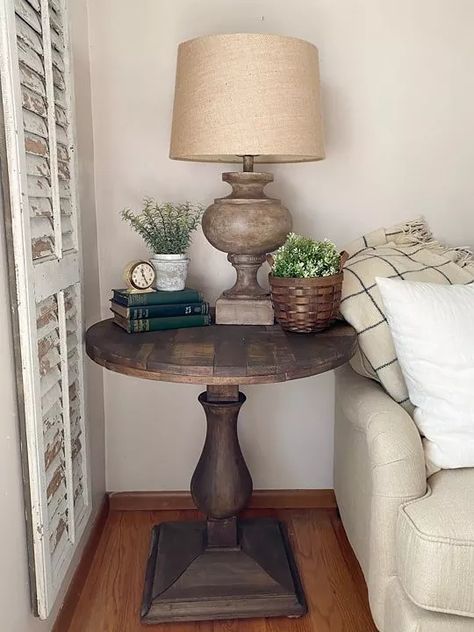 Diy Round Side Table, Side Table Decor Ideas, Round Side Table Makeover, End Table Makeover, Side Table Styling, Side Table Makeover, Wood Slat Wall, Side Table Decor, Table Decor Ideas