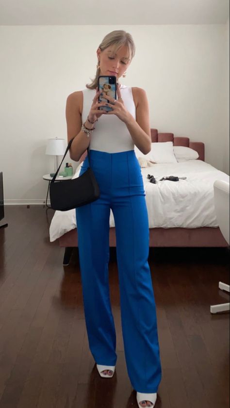 Blue Royal Pants Outfit, Bodysuit Trousers Outfit, Outfits With Royal Blue Pants, Blue Business Pants Outfit, Bodysuit And Pants Outfit, Colourful Pants Outfits, Aritzia Business Casual, Royal Blue Dress Pants Outfit, Blue Flowy Pants Outfit