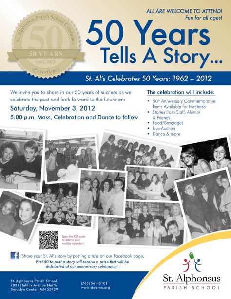 50th Anniversary Flyer/Poster for St. Alphonsus Parish School 50th Company Anniversary Ideas, 50th School Anniversary Ideas, School 50th Anniversary Ideas, 100th Anniversary, 150 Year Celebration Ideas, 50th Business Anniversary Ideas, 150 Years School Celebration, 100th Anniversary Celebration Ideas, 75th Business Anniversary Ideas