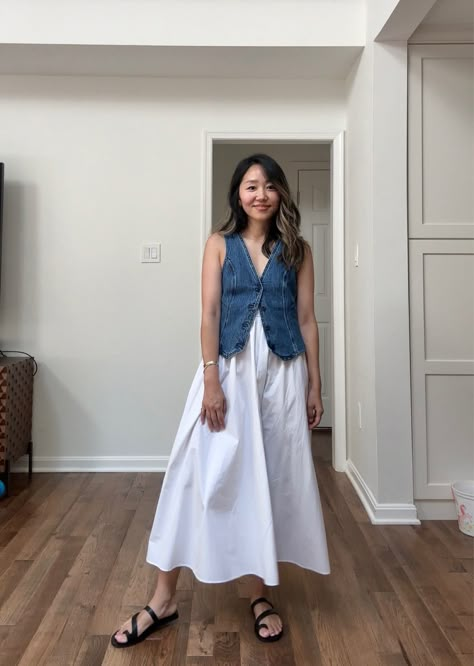 Denim Top White Skirt, Summer Outfits Denim Skirt, Sandals Aesthetic Outfit, Dress With Sandals Outfit, White Sandals Outfit, Asymmetrical Skirt Outfit, White Denim Skirt Outfit, Midsize Fits, Vietnam Outfits