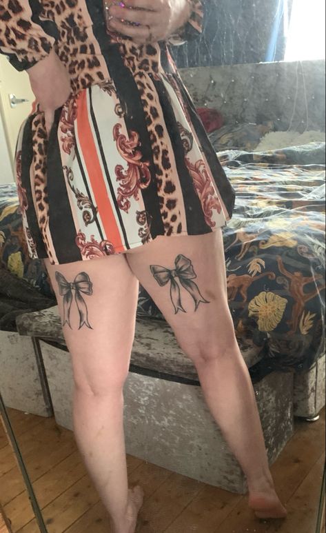 Beautiful bows at the back of my legs Bows Back Of Leg Tattoo, Bows On Legs Tattoo, Bow Back Leg Tattoo, Bows On Back Of Legs Tattoo, Leg Skeleton Tattoo, Back Legs Tattoo, Bow Leg Tattoo, Back Thigh Bow Tattoo, Bow Tattoos On Back Of Legs