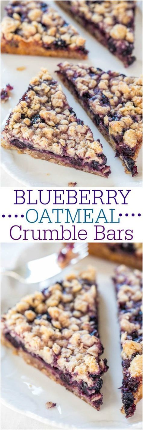 Blueberry Oatmeal Crumble Bars - Fast, easy, no-mixer bars great for breakfast, snacks, or a healthy dessert! BIG crumbles and juicy berries are irresistible!! Oatmeal Crumble Bars, Oatmeal Crumble Topping, Oatmeal Crumble, Weight Watcher Desserts, Blueberry Bars, Blueberry Oatmeal, Crumble Bars, Blueberry Recipes, Think Food