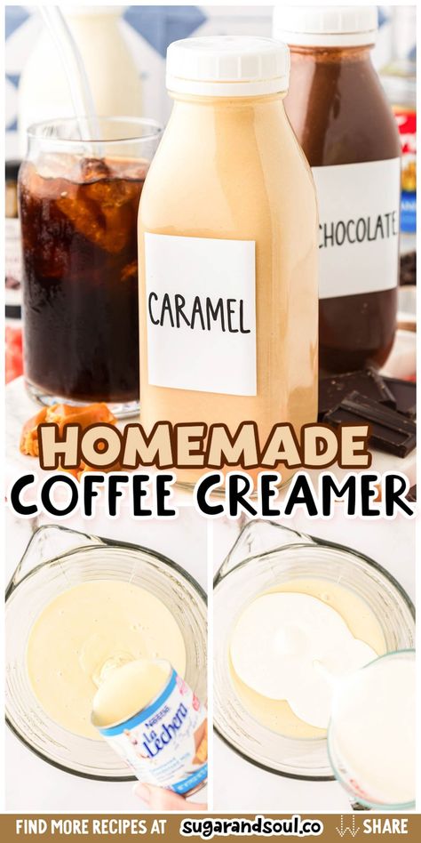 Storebought coffee creamer doesn't compare to the simplicity and deliciousness of this 4-ingredient recipe for Coffee Creamer you can make at home in just 5 minutes. Tons of flavor options to choose from! Home Made Creamer For Coffee, Make Your Own Coffee Creamer, Caramel Coffee Creamer Recipe, Homemade Creamer, Condensed Milk Coffee, Sugar Free Coffee Creamer, Homemade Coffee Creamer Recipe, Diy Coffee Creamer, Healthy Coffee Creamer