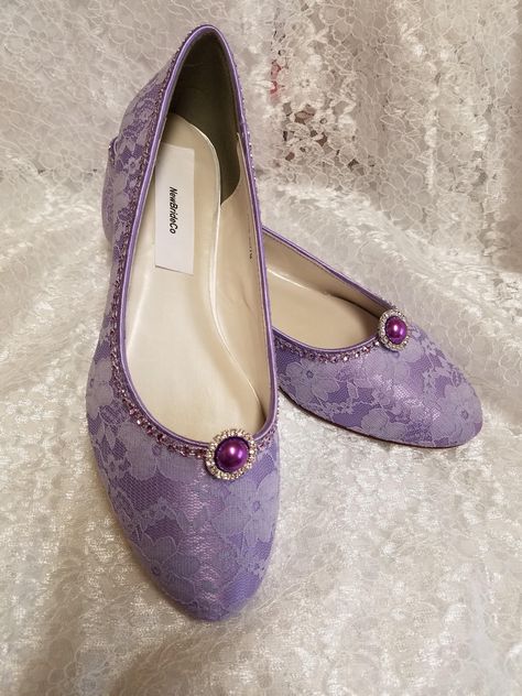 "So elegant Lace over Satin Shoes for the Bride who demands Fine Elegance & Comfort! These are only 1/2\" heels almost flat! Please buy purple color swatches if, you are matching color to something; computers settings may show different tone of purple; Please use link below: To see actual color, you may buy a color swatch: www.etsy.com/listing/129787069/buy-color-swatch-samples-or-buy-lace Please plan ahead of time as I'm getting many requests for finely finished shoes. The outer sole is lea Purple Flats Shoes, Light Purple Shoes, Shoes For The Bride, Lilac Shoes, Purple Wedding Shoes, Ivory Bride, Purple Flats, Purple Heels, Shoes Purple