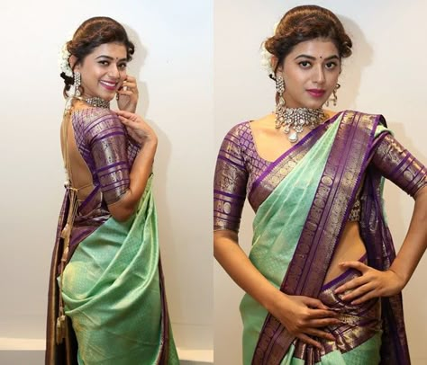 Want to check out the contrasting blouse colors to wear with green sarees? Here are 15 blouse colors that are trending this year. Saree Color Combinations, Sari Design, Indian Bridal Sarees, Pattu Saree Blouse Designs, Wedding Saree Collection, Indian Saree Blouses Designs, Silk Saree Blouse Designs, Saree Blouse Patterns, Half Saree Designs