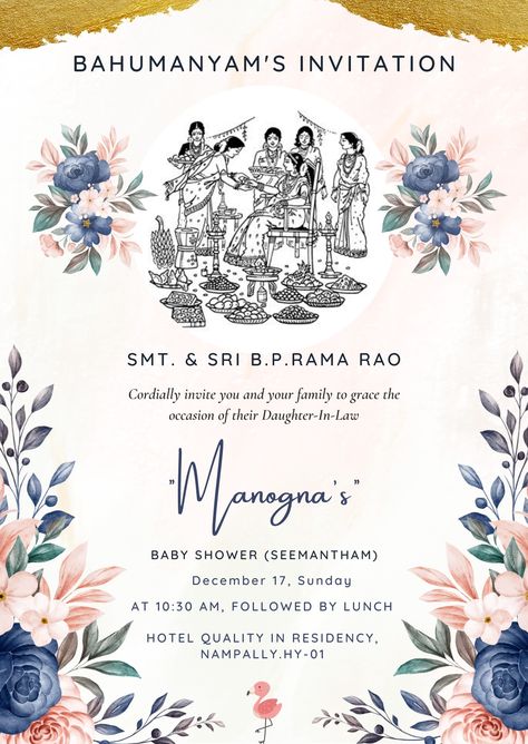 Baby shower invitation Indian Seemantham Invitation, Sreemantham Invitation Templates, Seemantham Invitation Card Traditional, Seemantham Invitation Card Template, Sreemantham Invitation Card, Sreemantham Invitation, Seemantham Invitation Card, Valaikappu Invitation, God Bharai