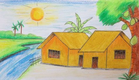 scenery drawing Morning Scenery, Riverside Landscape, Sunrise Drawing, Easy Scenery, Easy Scenery Drawing, Sunrise Scenery, Scenery Drawing, Oil Pastel Drawings, Morning Sunrise