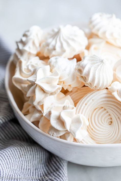 Learn how to make meringue cookies. This recipe includes step-by-step photos so you know you are on the right track! Crunchy, sweet, and light as air you will love these meringues! #meringues #merignuecookies #howtomakemeringuecookies Recipe For Meringue, Merengue Cookies, Pavlova Recipes, Holiday Baking Gifts, Vegan Bakes, How To Make Meringue, Xmas Baking, Cookie Recipes Chewy, Cream Of Tarter