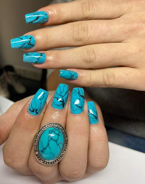 Turquoise Nails Designs Ideas, Turquoise Wedding Nails For Bride, Torquise Nails Turquoise Design, Turquoise Design Nails, Teal Western Nails Acrylic, Turquoise Birthday Nails, Turquoise And Grey Nails, Turquoise Nail Design, Teal Colored Nails