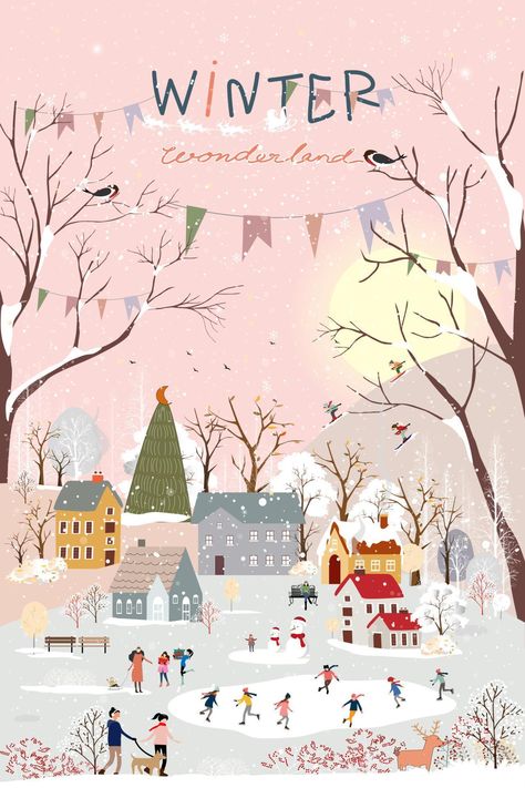 Vintage Holiday Illustration, Winter Scene Illustration, Christmas Surface Pattern Design, Christmas Wallpaper Illustration, Creative Banner Design Ideas, Xmas Cards Illustration, Christmas Aesthetic Illustration, Winter Illust, Winter Aesthetic Art